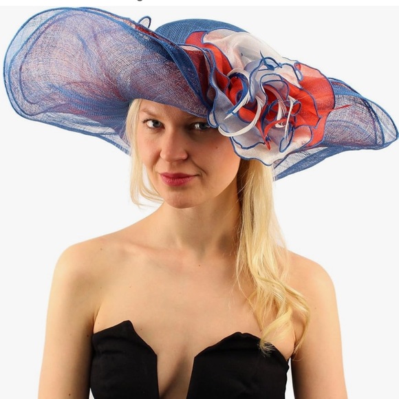 Kentucky Derby Side Flip 7" Brim Sinamay Layered Feather Hat USA Flag Patriotic - Picture 3 of 16